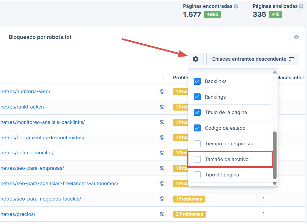 Tamaño de archivo descendente.