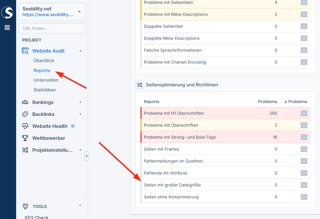 Seobility Report für Seiten mit großer Dateigröße