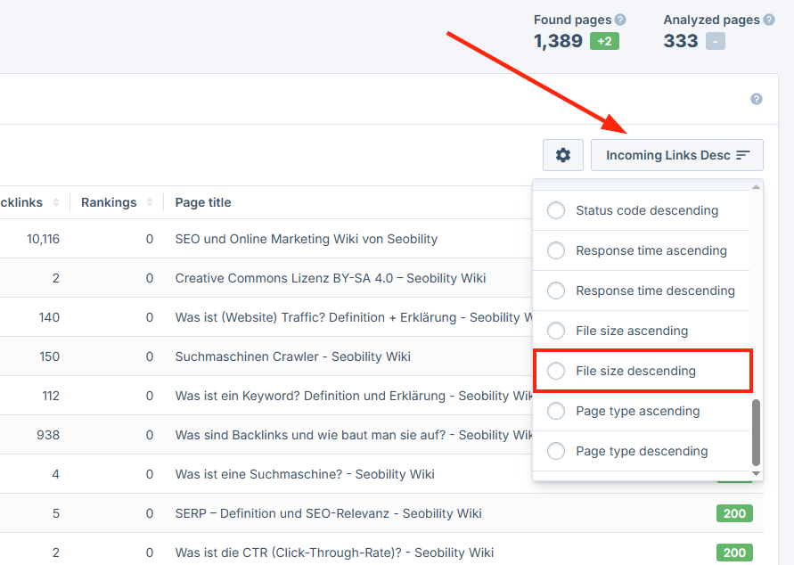 Sort the table by filesize