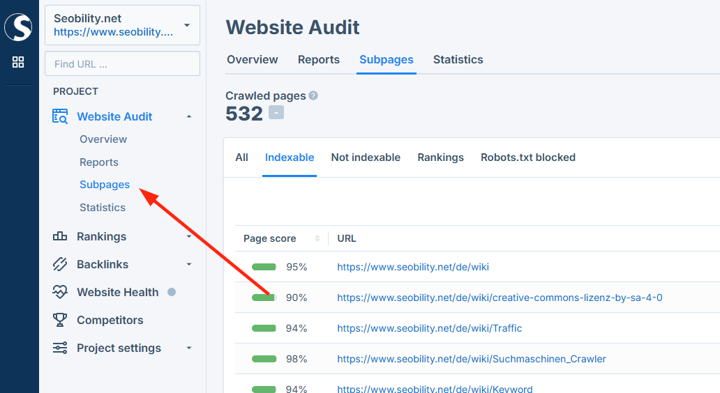 Open the subpages tab in Seobility