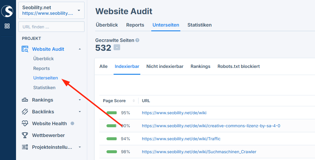 Tab Unterseiten in Seobility
