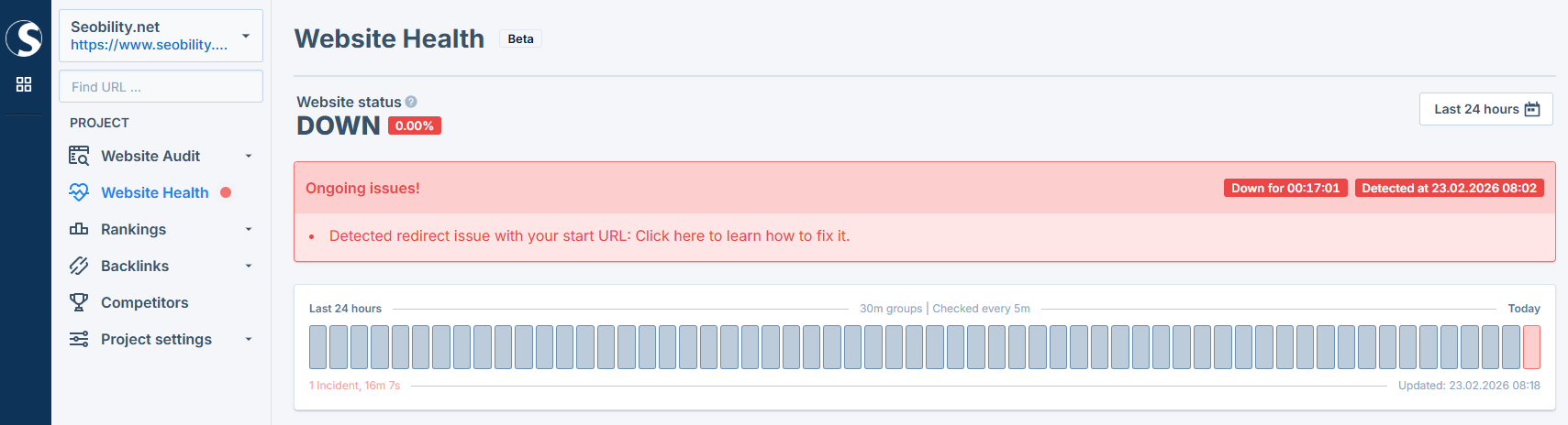 warning in the Website Health dashboard
