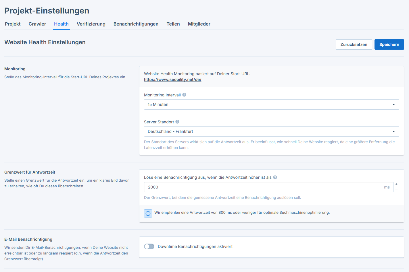 Website Health Einstellungen
