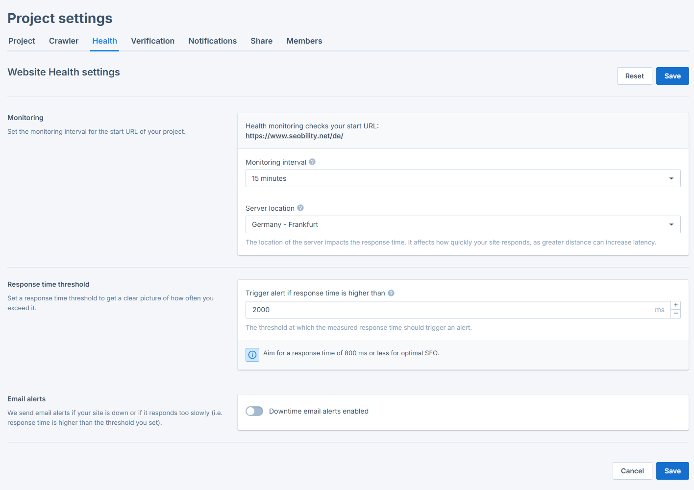 settings for Website Health Monitoring