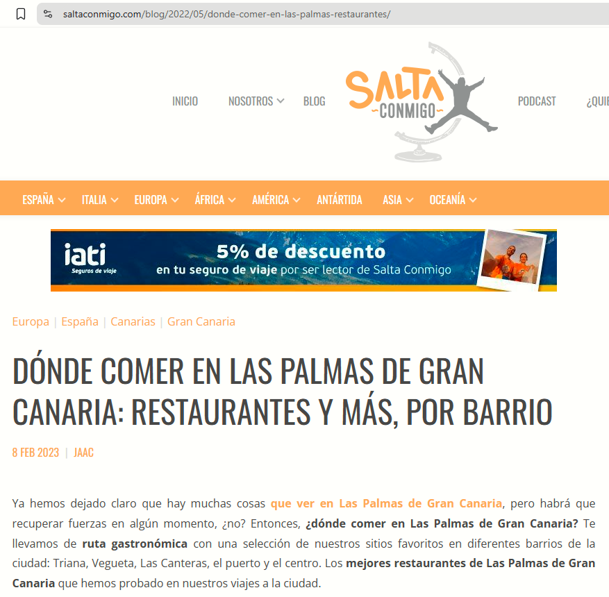 Blog sobre dónde comer en Las Palmas de Gran Canaria con lista de restaurantes por barrio.