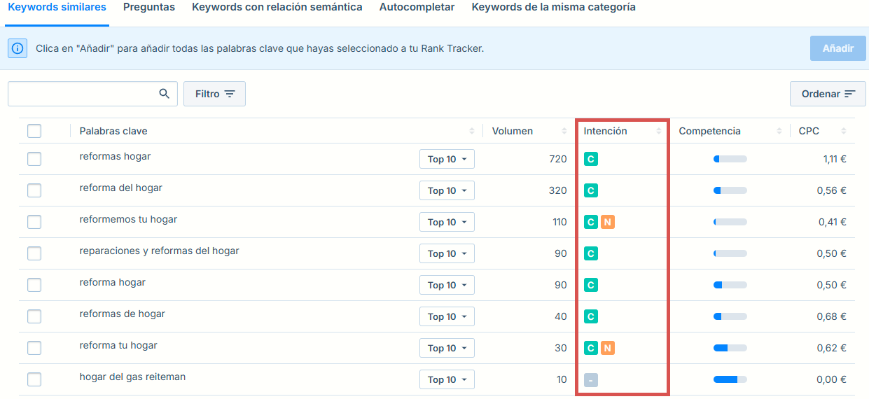 Interfaz del Buscador de Palabras Clave mostrando un listado de palabras clave relacionadas con reformas y reparaciones del hogar, con columnas de volumen de búsqueda, intención, competencia y CPC.