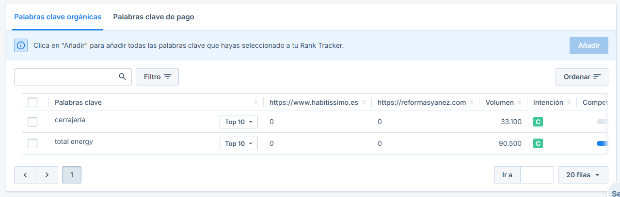 Interfaz del Buscador de Palabras Clave mostrando un listado de palabras clave orgánicas con sus posiciones y volúmenes de búsqueda para dominios españoles.