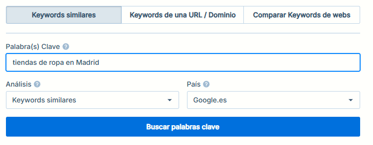Interfaz del Buscador de Palabras Clave de Seobility con palabras clave similares locales, mostrando un ejemplo de búsqueda para 'tiendas de ropa en Madrid' con opciones de análisis y país seleccionado.
