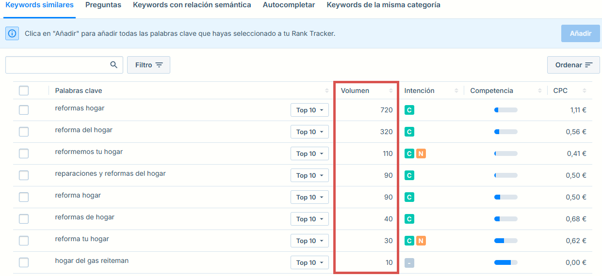 Interfaz del Buscador de Palabras Clave mostrando un listado de palabras clave similares relacionadas con reformas del hogar, con columnas de volumen, intención, competencia y CPC.