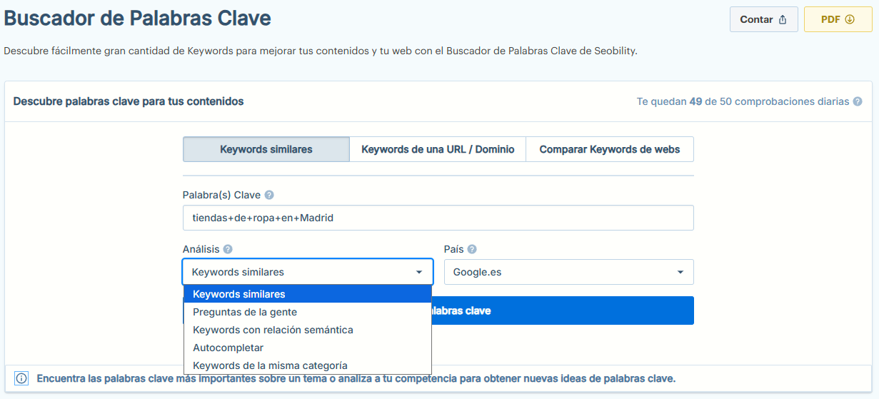 Interfaz del Buscador de Palabras Clave de Seobility mostrando opciones para analizar keywords similares con búsqueda local en Madrid y Google.es.