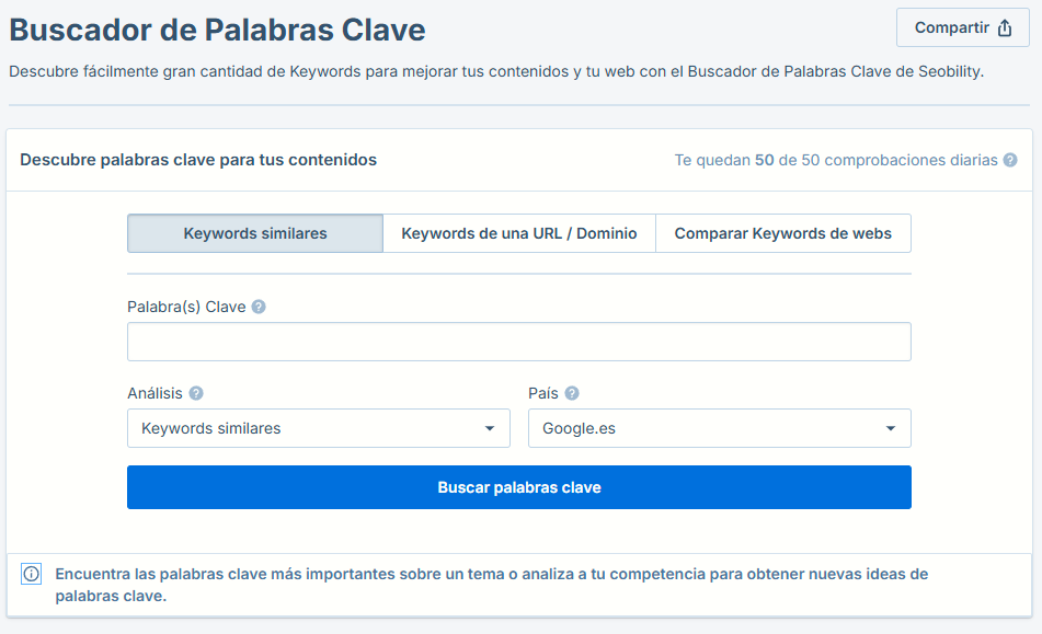 Interfaz del Buscador de Palabras Clave de Seobility mostrando campos para ingresar una palabra clave, seleccionar análisis y país, con opciones para buscar keywords similares.