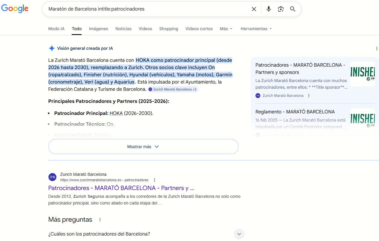 Resultados de búsqueda de Google mostrando información sobre los patrocinadores de la Maratón de Barcelona, como ejemplo para hacer link building local.