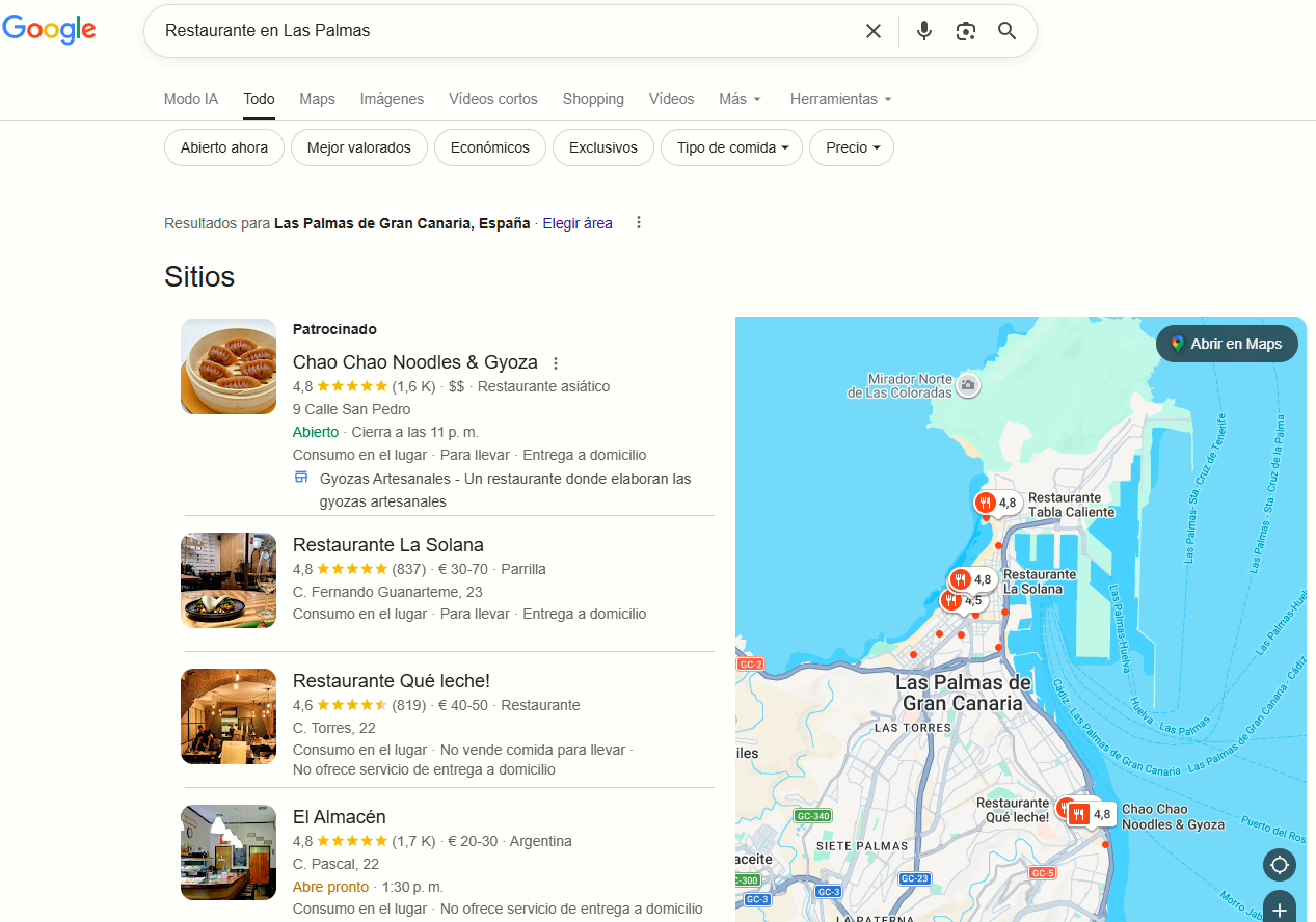 Resultados de búsqueda de Google mostrando restaurantes en Las Palmas de Gran Canaria con listados de sitios y mapa interactivo.