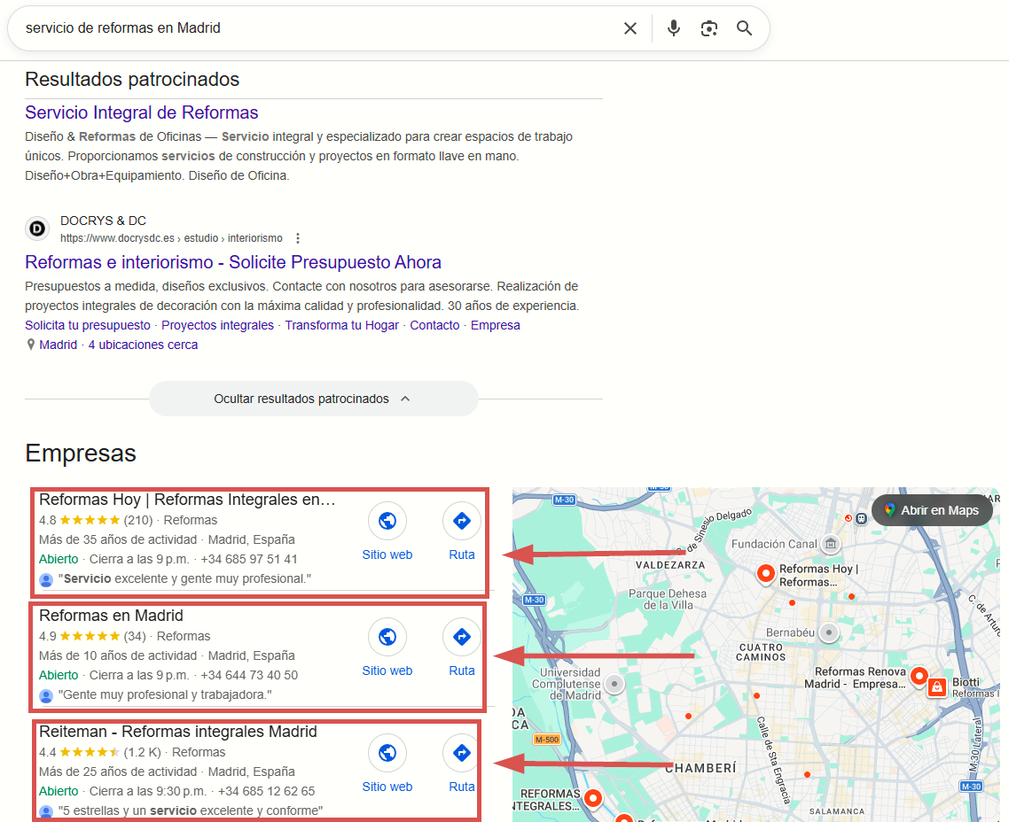 Resultados de búsqueda en Google para 'servicio de reformas en Madrid' mostrando empresas locales con calificaciones, ubicaciones y mapas.