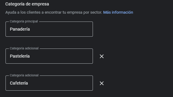 Interfaz de formulario para seleccionar categorías de empresa, mostrando Panadería como categoría principal y Pastelería y Cafetería como categorías adicionales.