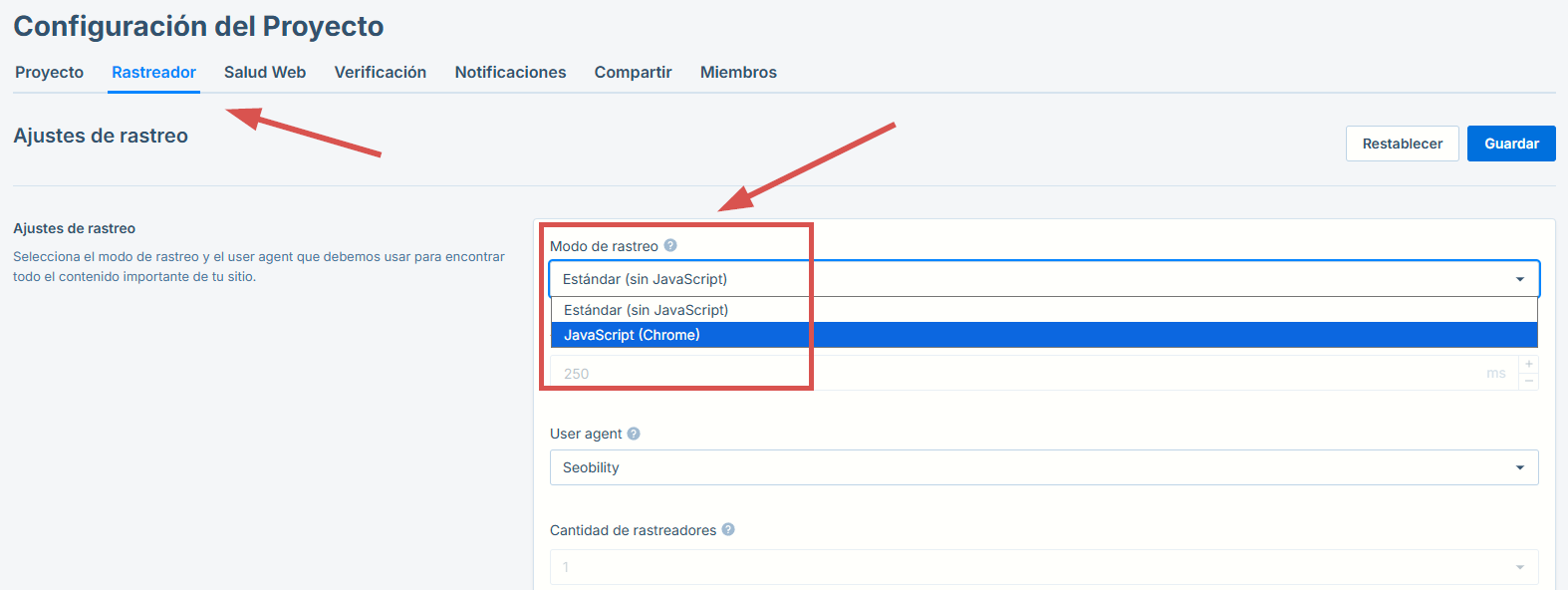 Configuración del rastreador en Seobility.
