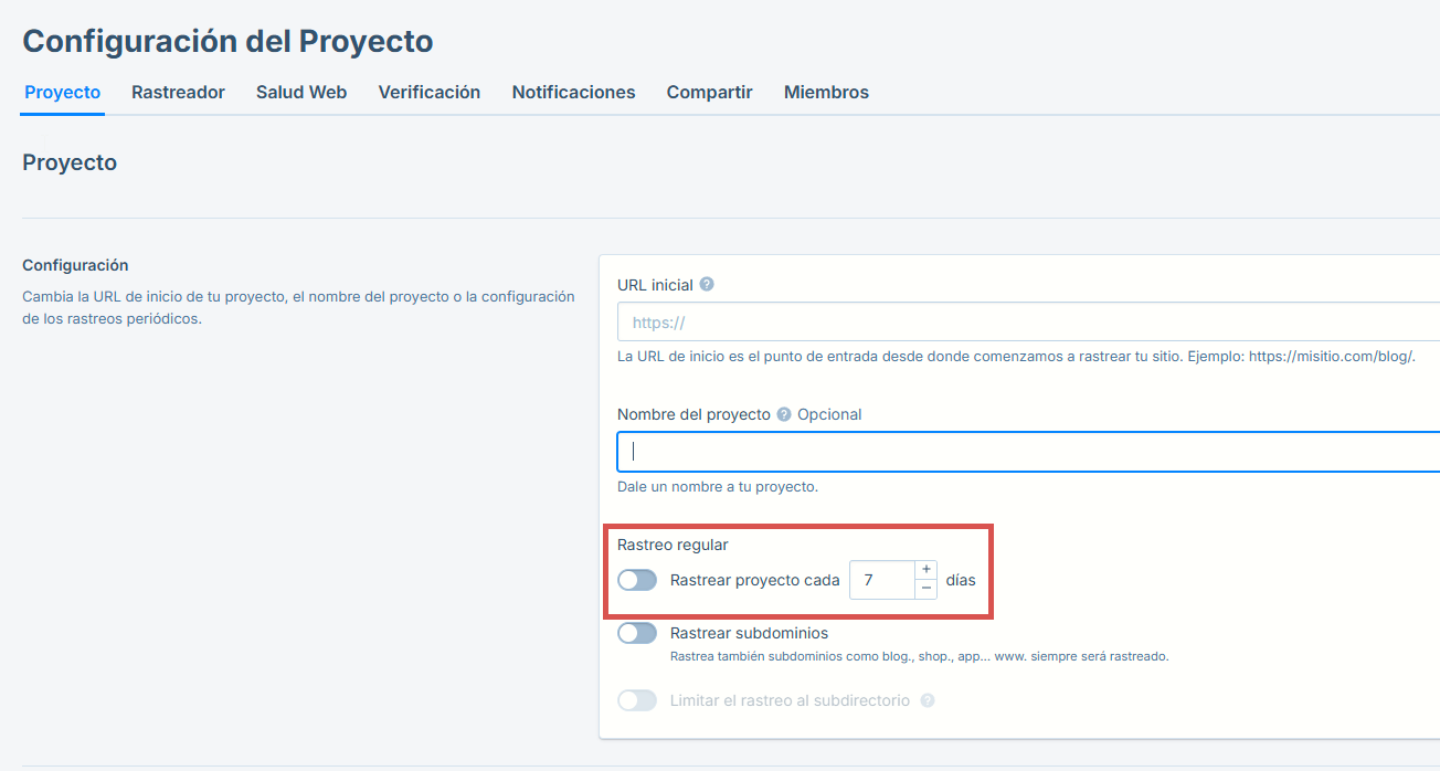 Configuración de rastreos de Seobility.