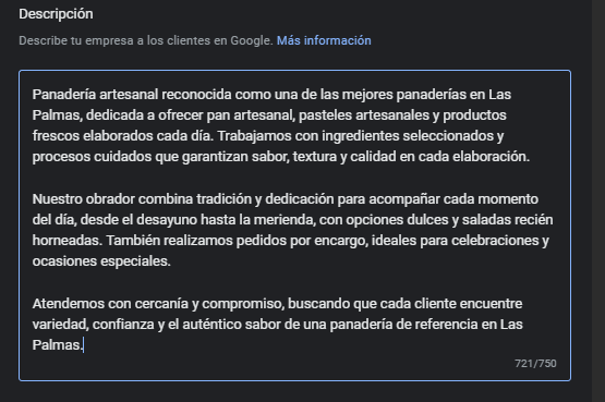 Captura de pantalla de la sección de descripción de una panadería artesanal en Google Business Profile con texto sobre sus productos y servicios.