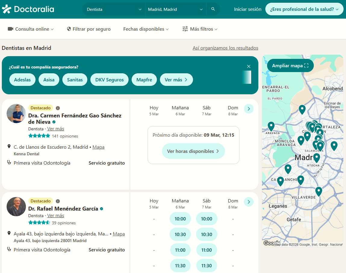 Página de directorio de dentistas en Madrid con perfiles profesionales: un buen ejemplo de cómo conseguir backlinks y hacer link building local.