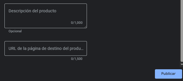 Formulario con campos para descripción del producto y URL de página de destino, con límites de caracteres visibles.