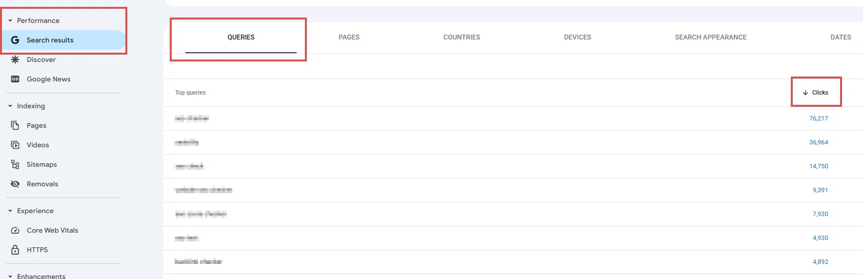Pantalla de Google Search Console mostrando la pestaña de Consultas con un listado de palabras clave principales y su número de clics.