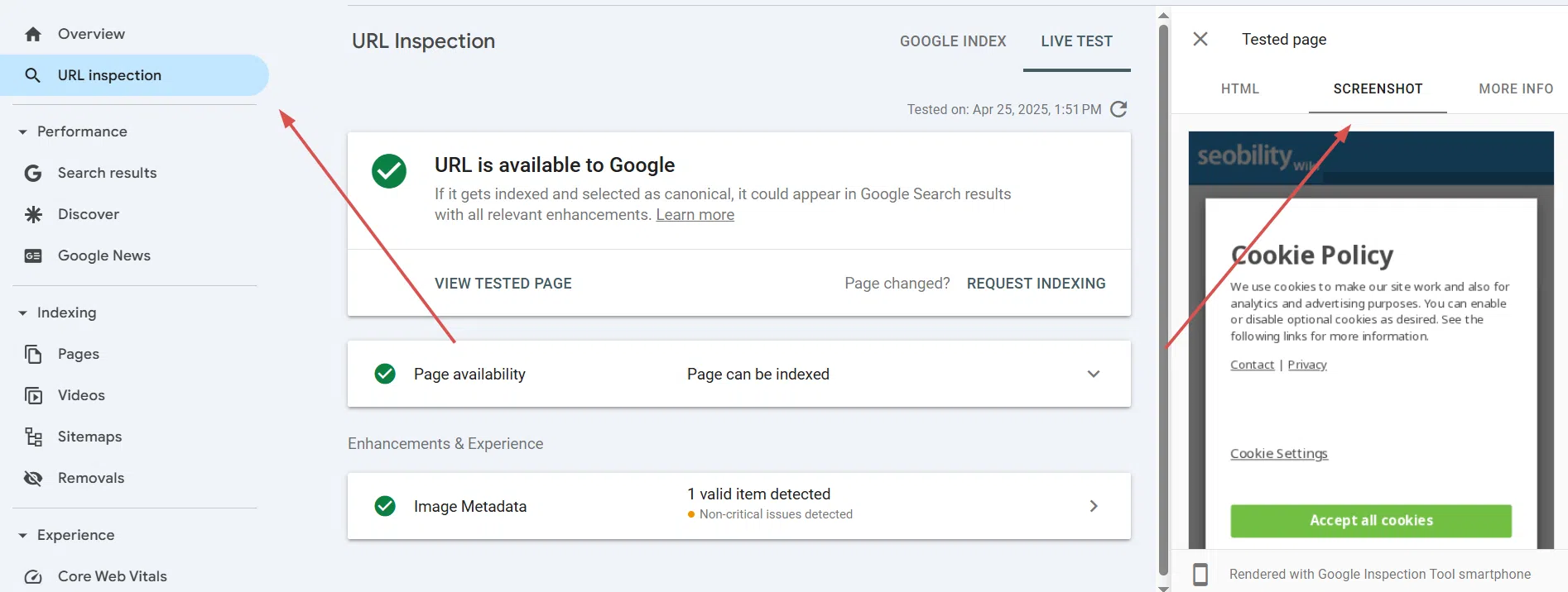 Captura de pantalla de Google Search Console mostrando la herramienta de inspección de URL.