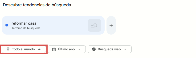 Interfaz de Google Trends mostrando la búsqueda de tendencias para el término 'reformar casa' con filtros de ubicación mundial y período de último año.