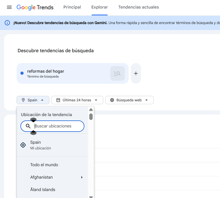 Captura de pantalla de Google Trends mostrando la búsqueda de 'reformas del hogar' con filtros de ubicación (España) y período (últimas 24 horas), con un panel abierto para seleccionar la ubicación de la tendencia.