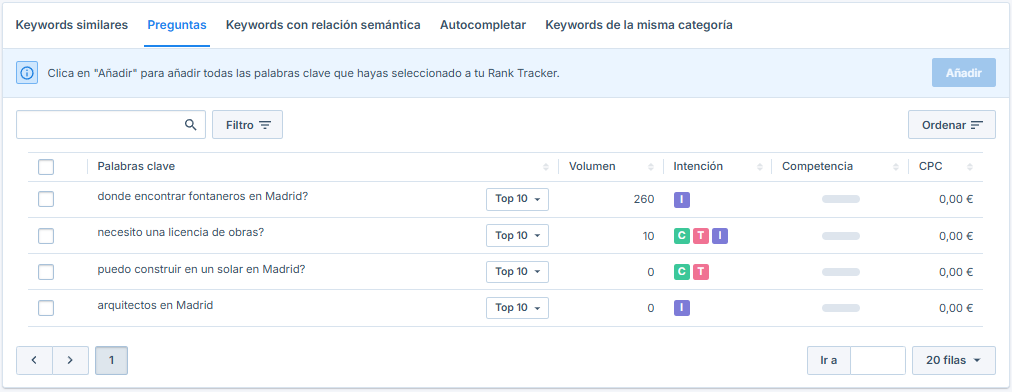 Interfaz del Buscador de Palabras Clave mostrando una lista de palabras clave locales de Madrid con datos de volumen, intención y competencia.