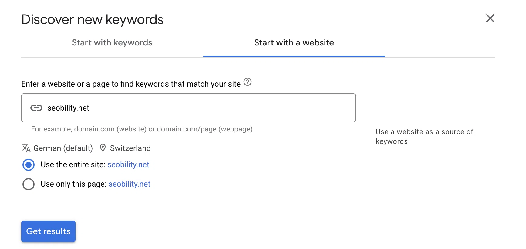 Interfaz de herramienta de palabras clave mostrando opción para ingresar un sitio web (seobility.net) y descubrir palabras clave relevantes con configuración de idioma alemán y ubicación Suiza.