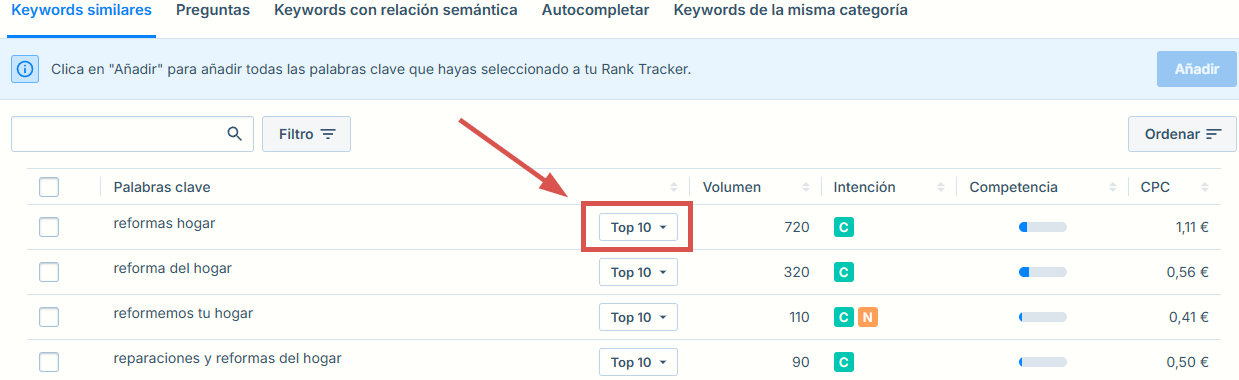 Interfaz del Buscador de Palabras Clave mostrando listado de palabras clave relacionadas con reformas del hogar, con columnas de volumen de búsqueda, intención, competencia y CPC.