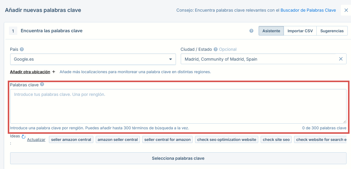 Interfaz del Rank Tracker para añadir palabras clave con filtros de país y ubicación geográfica específica.