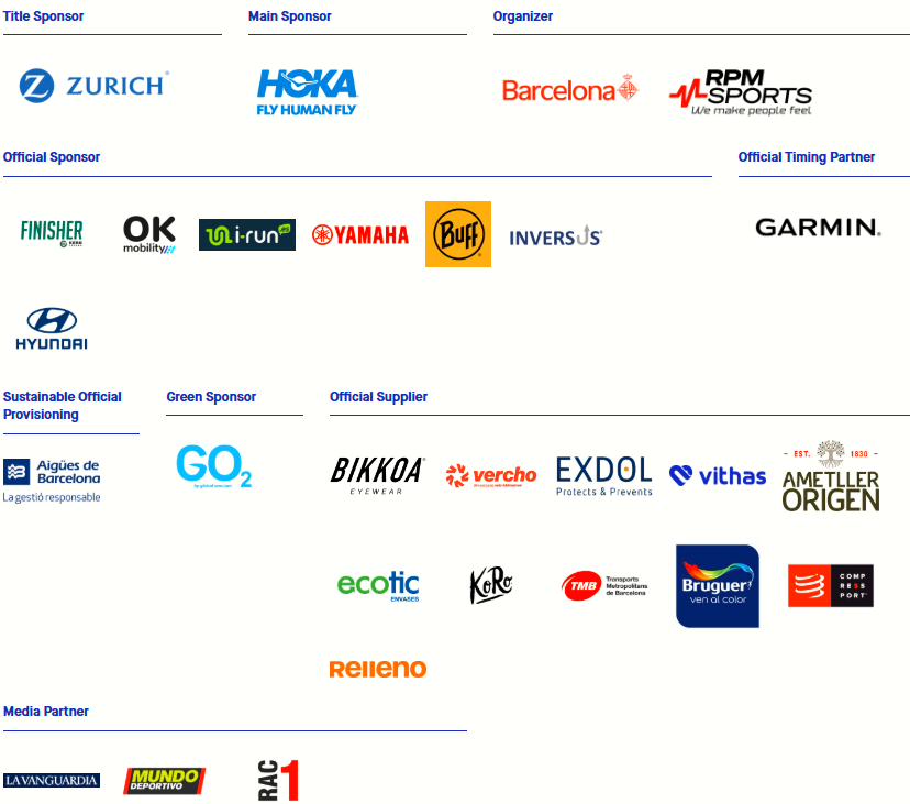 Logos de patrocinadores y partners oficiales de una maratón en Barcelona, como ejemplo de link building local.