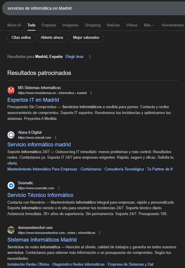 Resultados de búsqueda en Google para 'servicios de informática en Madrid' mostrando empresas locales de IT y servicios técnicos.