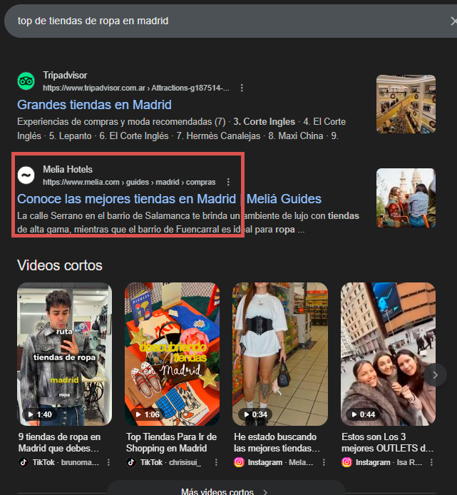 Resultados de búsqueda en Google para 'top de tiendas de ropa en madrid' mostrando listados de Tripadvisor, Melia Hotels y videos cortos relacionados.