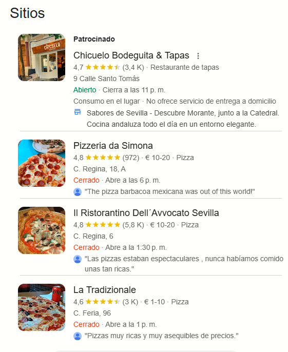 Listado de restaurantes y pizzerías en Sevilla con calificaciones y horarios mostrados en Google Maps.