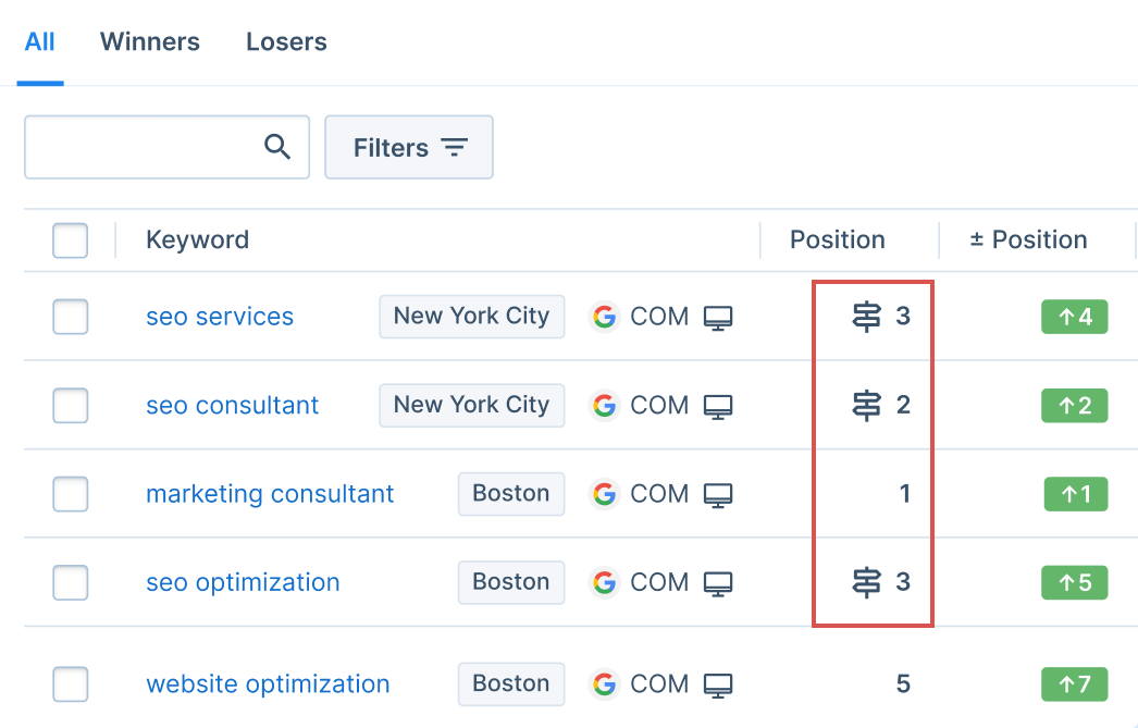 Tabla de resultados de búsqueda mostrando posiciones de palabras clave de SEO local en Nueva York y Boston con sus cambios de posición.