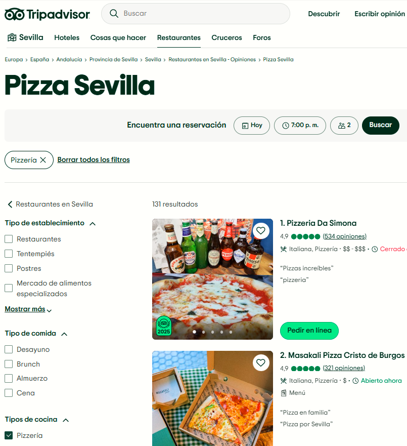 Página de resultados de búsqueda en TripAdvisor mostrando restaurantes de pizzería en Sevilla con calificaciones y opciones de filtrado, ejemplo de cómo hacer link building local.