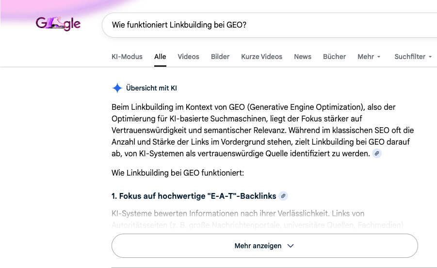 Screenshot einer KI-Übersicht in den Google Suchergebnissen