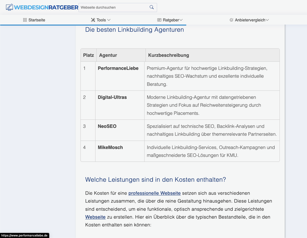 Tabelle mit den vier besten Linkbuilding-Agenturen PerformanceLiebe, Digital-Ultras, NeoSEO und MikeMosch mit ihren jeweiligen Kurzbeschreibungen.