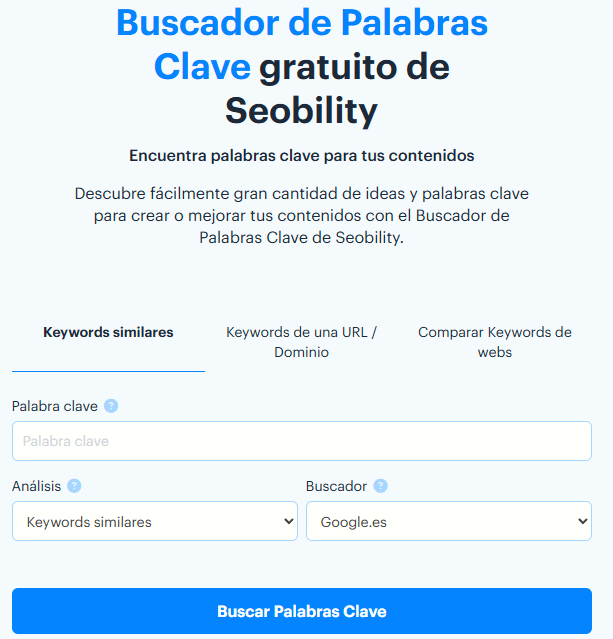 Interfaz del buscador de palabras clave gratuito de Seobility con campos para ingresar palabra clave, seleccionar análisis y motor de búsqueda.