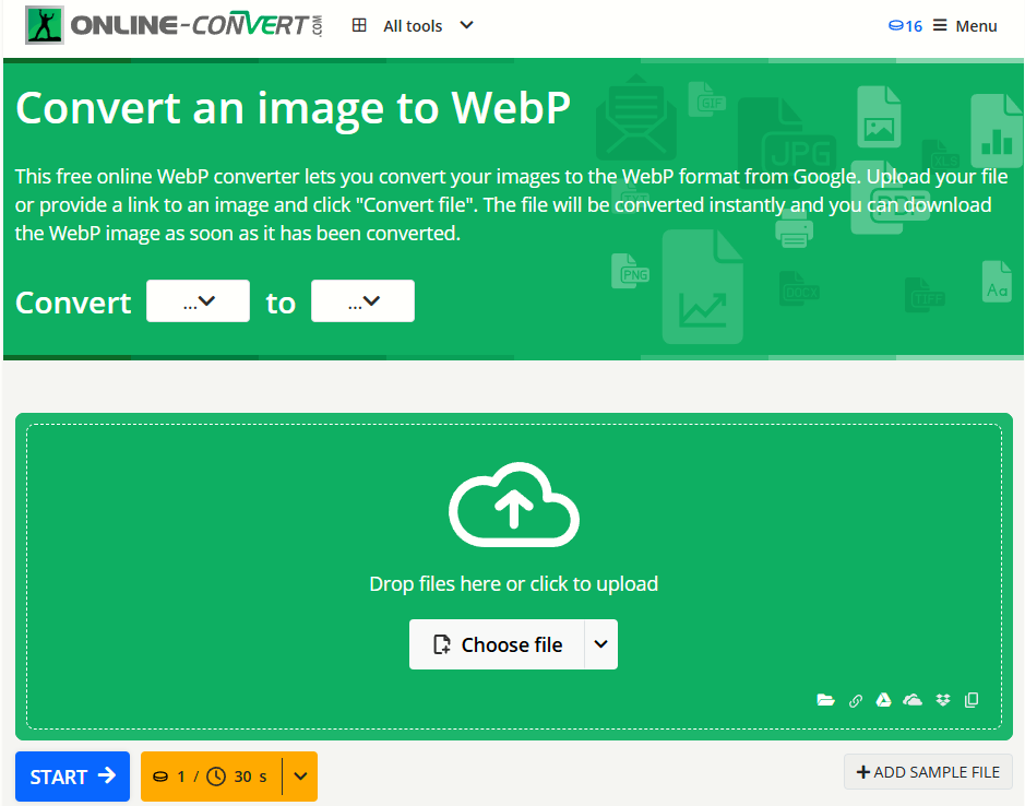 Interfaz de una herramienta online para convertir imágenes a formato WebP, con área de carga de archivos y botón de inicio.