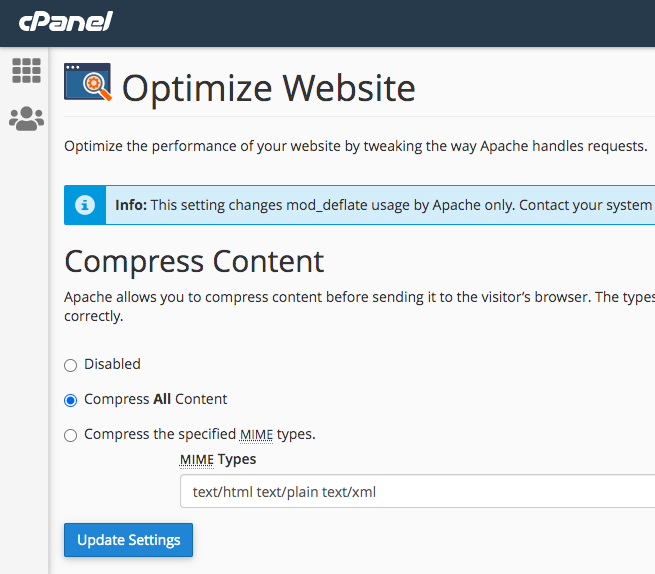 Panel de control cPanel mostrando la sección de optimización de sitio web con opciones para comprimir contenido mediante Apache.