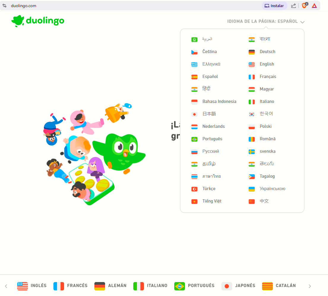 Pantalla de selección de idiomas de Duolingo mostrando más de 30 idiomas disponibles con sus respectivas banderas.