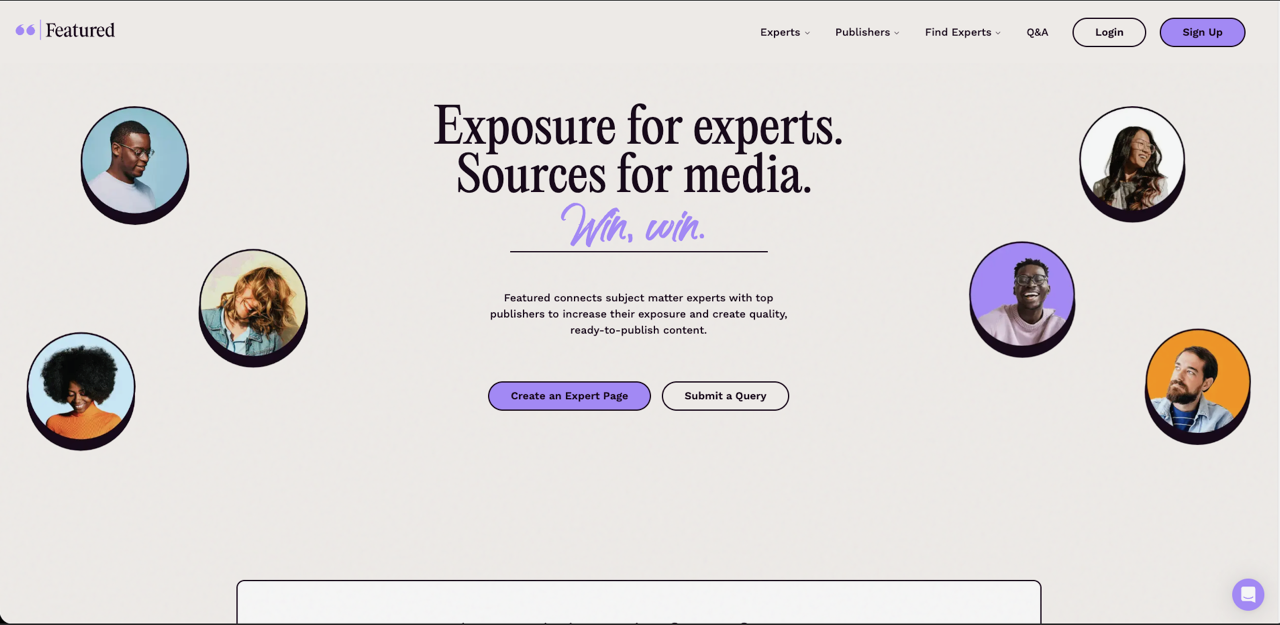 Landingpage einer Expertise-Plattform mit dem Titel 'Exposure for experts. Sources for media.' und Profilbildern von verschiedenen Experten.