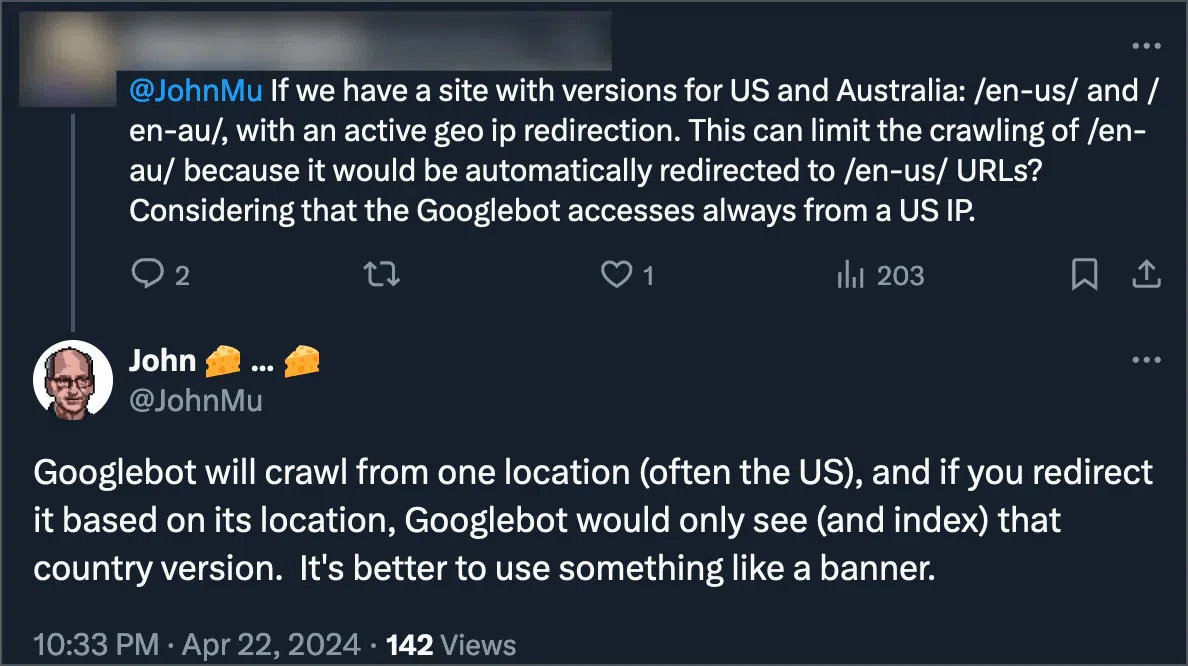 Captura de pantalla de un tweet de John Mueller explicando que Googlebot no rastrea versiones redirigidas por geolocalización y recomendando usar banners en su lugar.