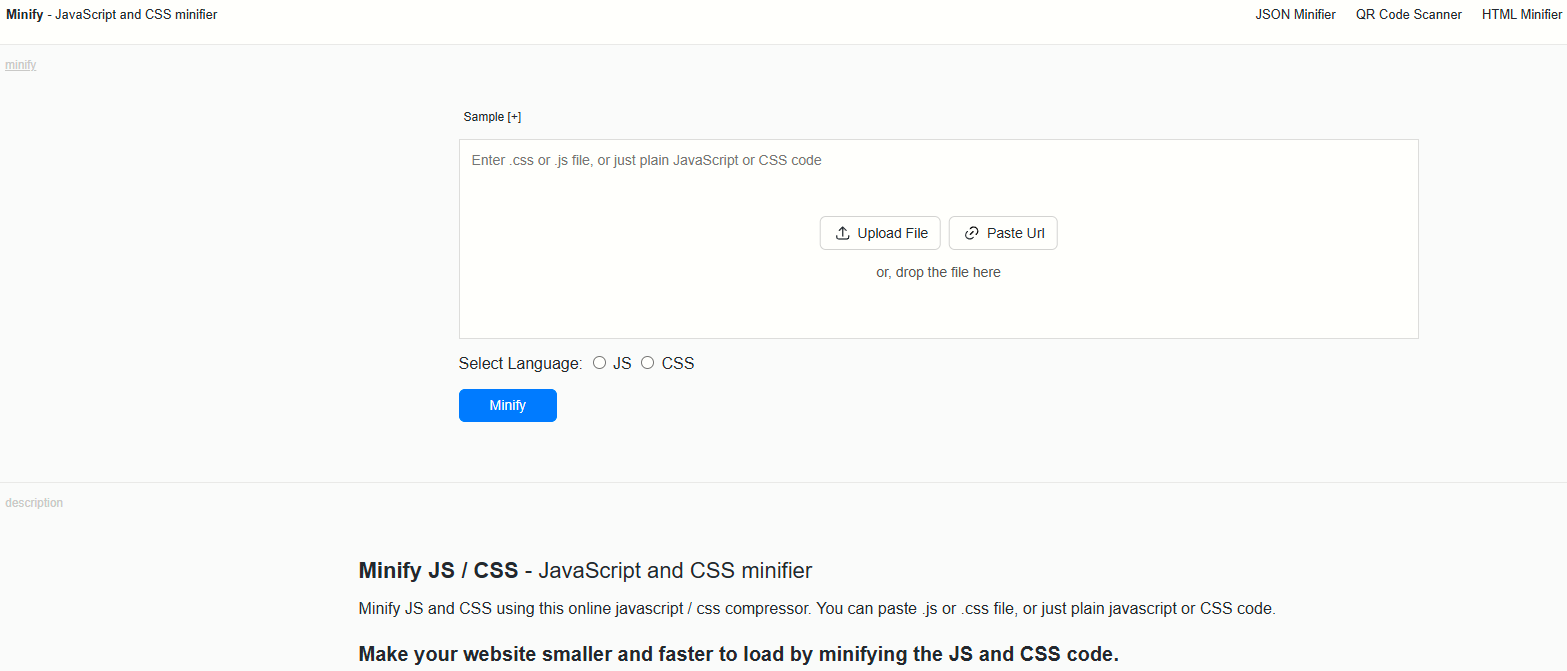 Interfaz de una herramienta online para minificar código JavaScript y CSS, mostrando opciones para cargar archivos, pegar URLs y seleccionar el lenguaje de programación.