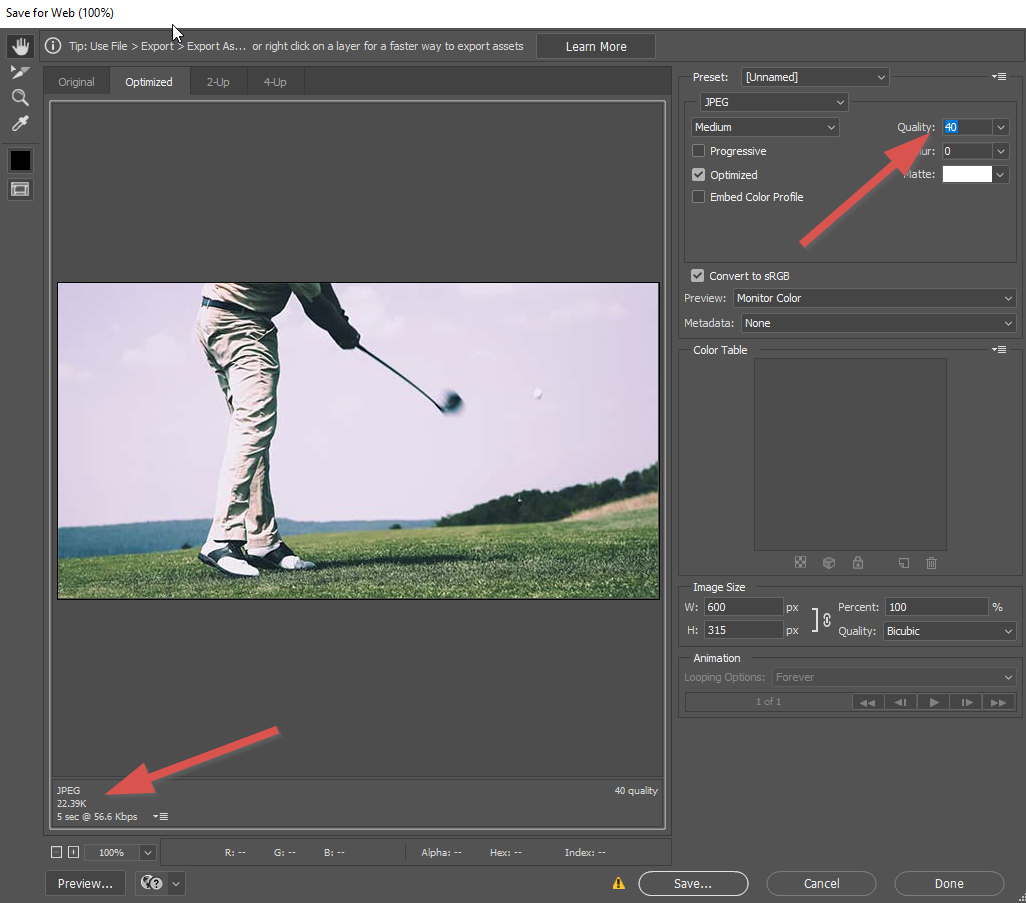 Interfaz de Adobe Photoshop mostrando el diálogo 'Guardar para Web' con una imagen de golf siendo comprimida a calidad JPEG 40 para reducir el tamaño del archivo.