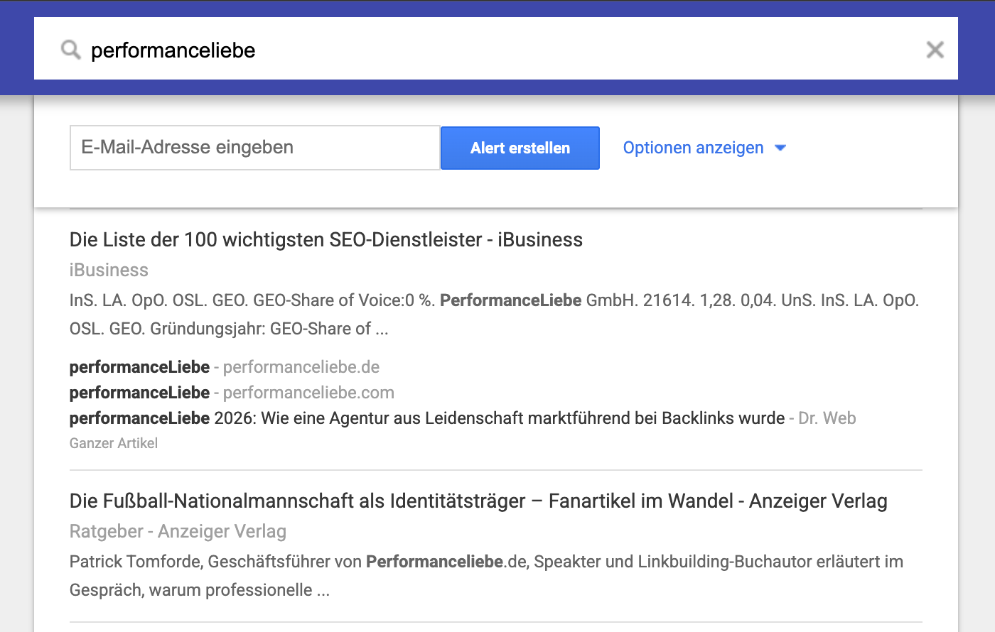 Google-Suchergebnisse für 'performanceliebe' zeigen SEO-Dienstleistungen und Backlink-Artikel von der Agentur PerformanceLiebe.