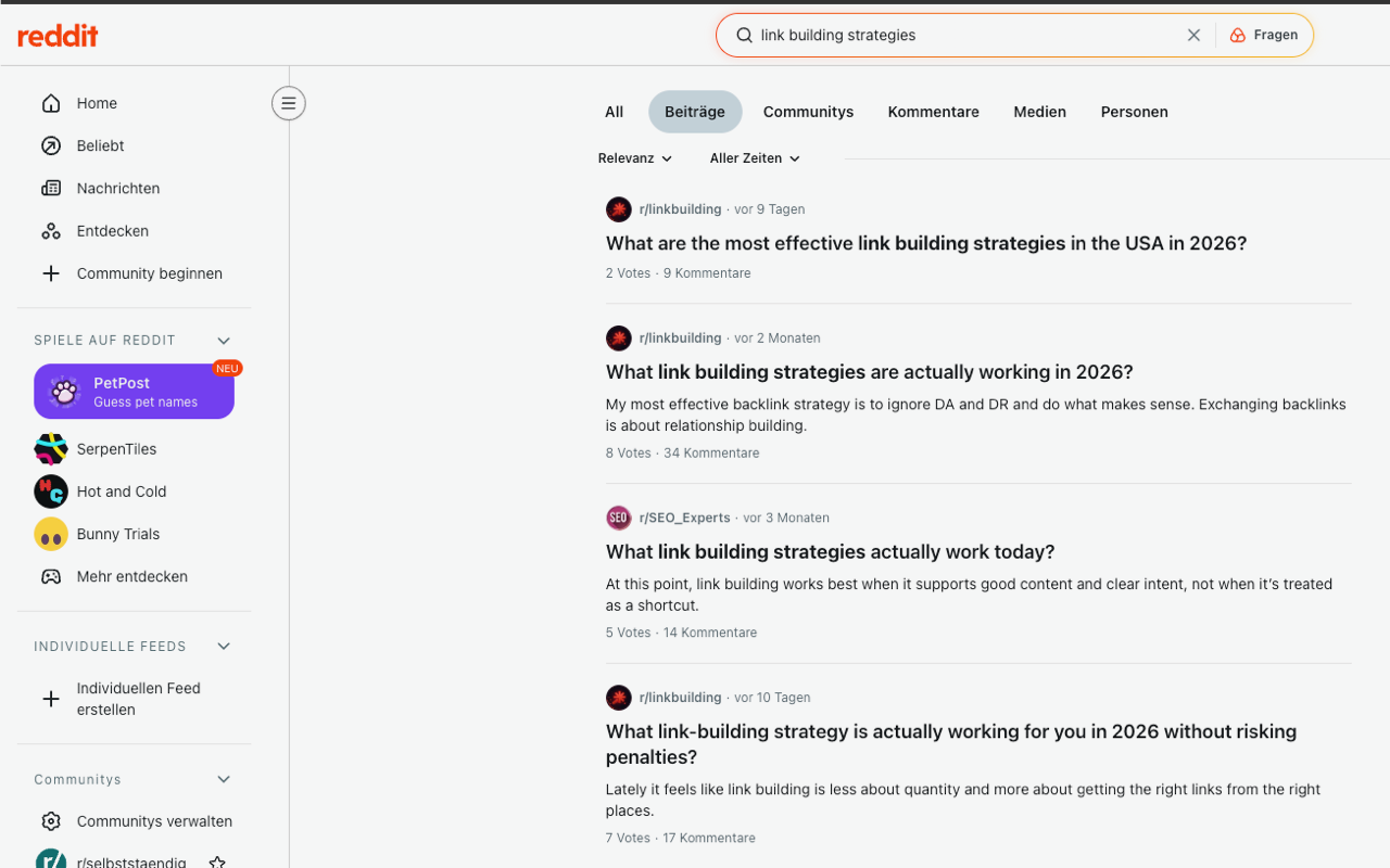 Reddit-Suchergebnisse für 'link building strategies' mit mehreren Diskussionsbeiträgen zum Thema effektive Linkbuilding-Strategien.